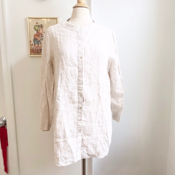 Antibes Blanc Tops - Antibes Blanc White Beige Gold Striped Women's Linen Tunic Shirt Top M Medium